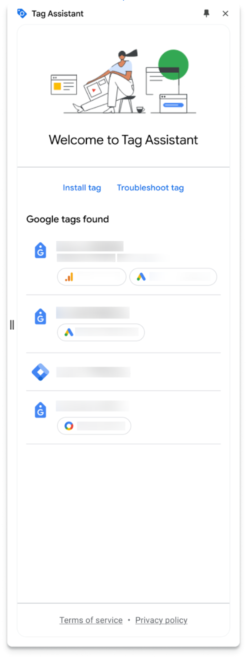 Tag Assistant tab that shows the tags firing on the page
