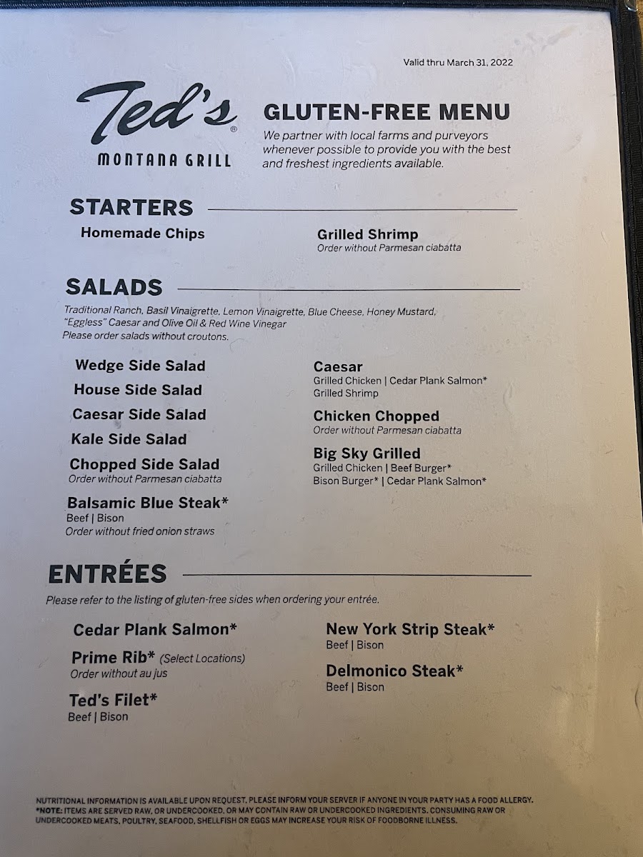 Ted's Montana Grill gluten-free menu