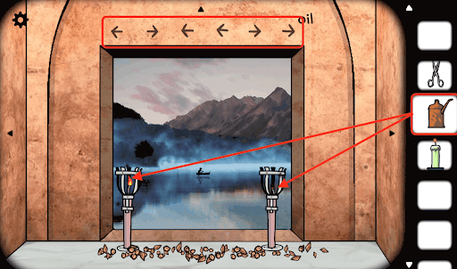 Case23_Chapter3_画面上部の矢印をヒントに左右左左右右の順番でオイルを燭台に使用する