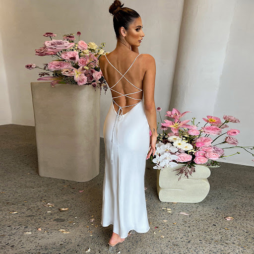 Title 5, Slim fit backless sheath split sling dress. Emb...