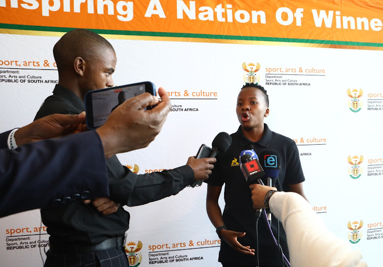 Banyana Banyana vice-captain Thembi Kgatlana talks to the media after a breakfast reception at Southern Sun Sandton in Johannesburg on Thursday, hosted by minister of sport, arts and culture Zizi Kodwa.