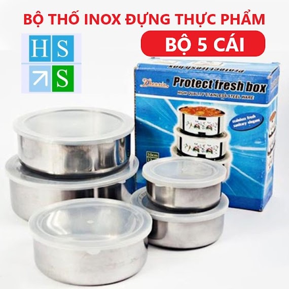 Bộ Thố Inox 5 Cái Đựng Cơm Canh Dùng Đa Năng Hộp Đựng Thực Phẩm Đồ Ăn Có Nắp Đậy Tiện Dụng - Hs Shop Đà Nẵng