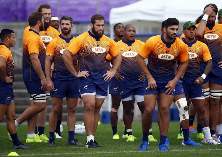 Thomas du Toit and Damian de Allende during the South African national rugby team training session at Fuchu Asahi Football Park on October 15, 2019 in Tokyo, Japan.