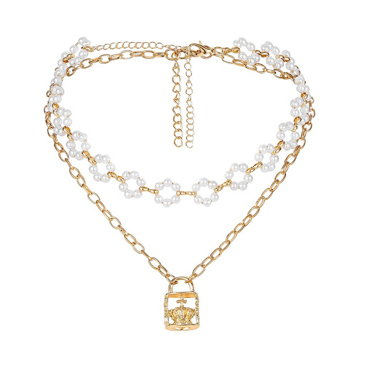 Title 5, Vintage Embossed Lock Pendant Pearl Necklace, a...
