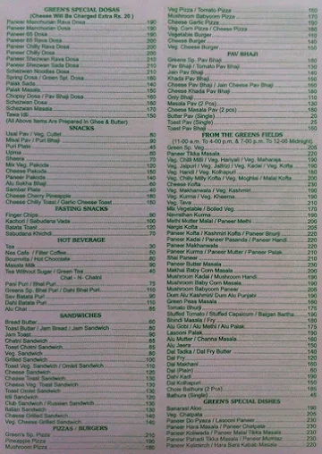 Greens Restaurant menu 