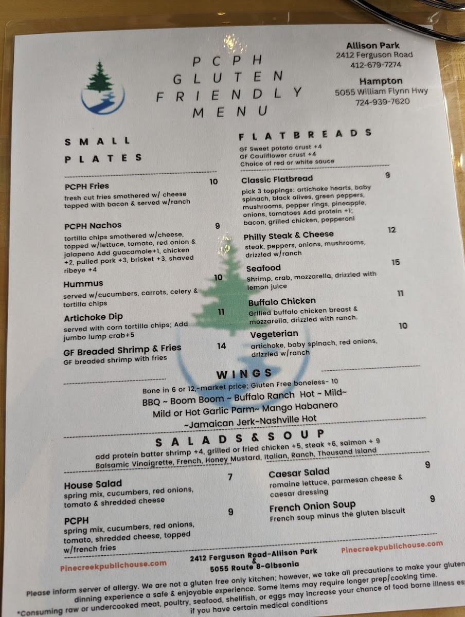 Pine Creek Public House gluten-free menu