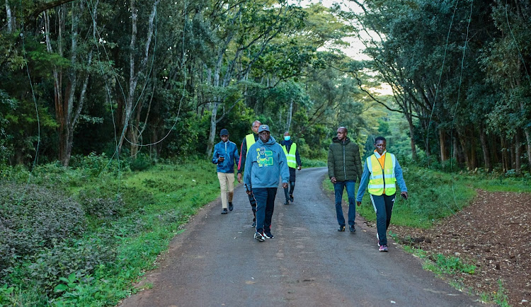 Deputy President Rigathi Gachagua during his early morning walk at Hombe Forest in Nyeri County on February 9, 2024.