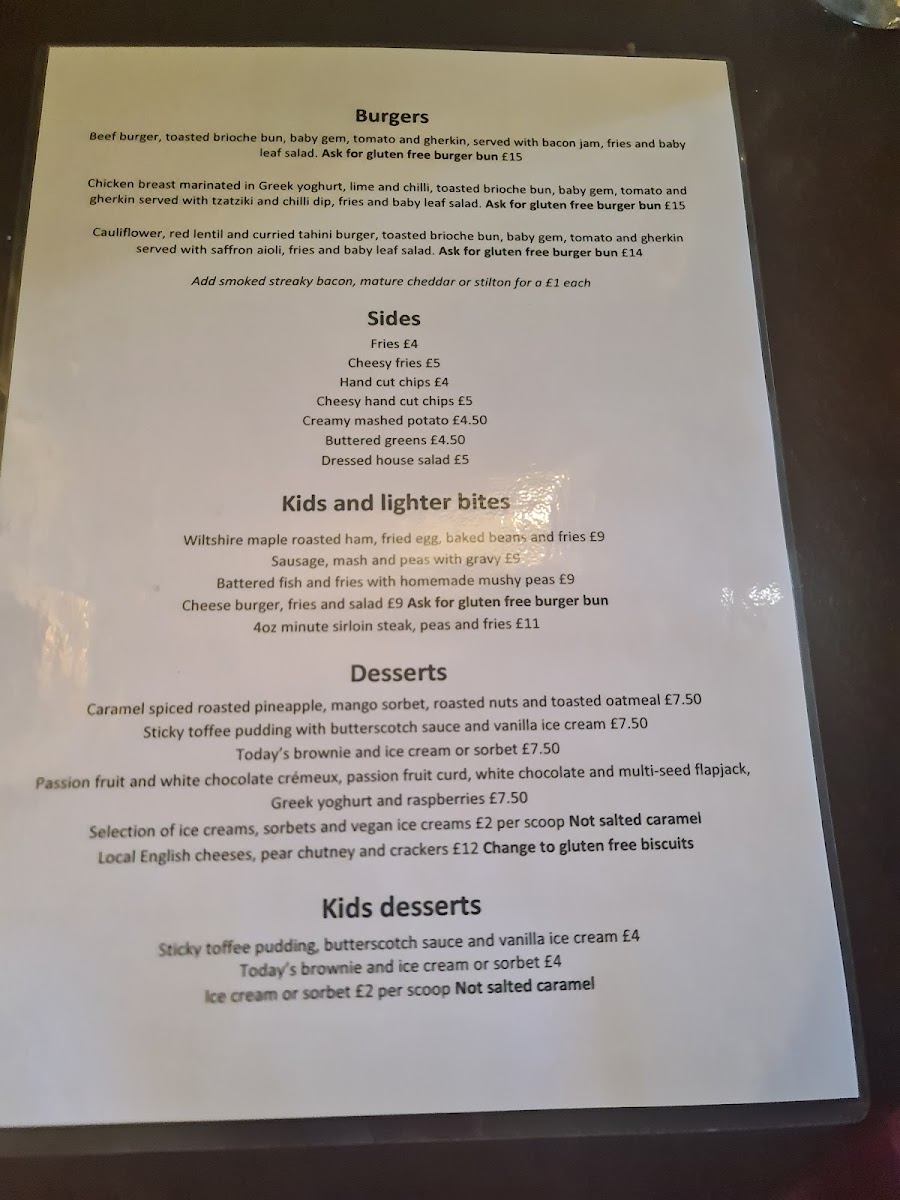 The Plough on the Hill gluten-free menu