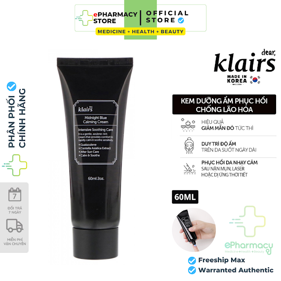 Kem Dưỡng Da Phục Hồi Da Ban Đêm Dear Klairs Midnight Blue Calming Cream 60Ml