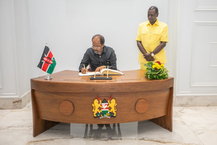 Somalia President Hassan Sheikh Mohamud and President William Ruto at State House on May 18, 2024.