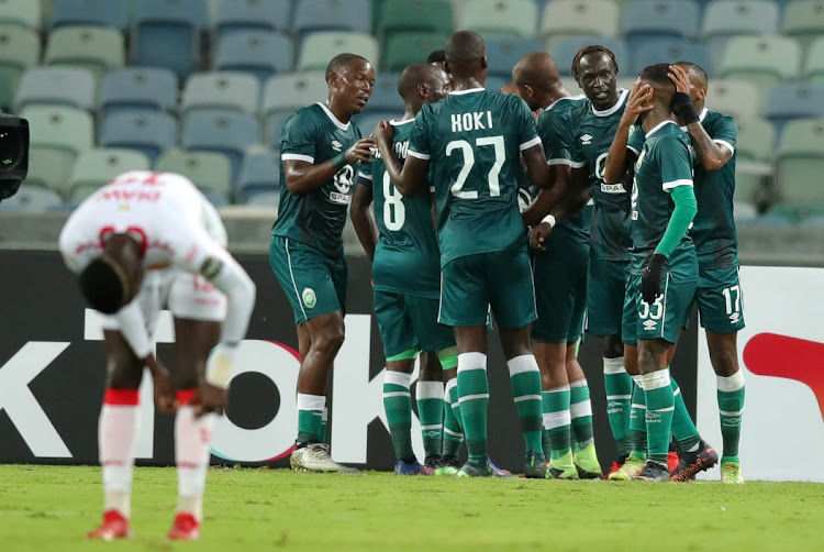 Luvuyo Memela of AmaZulu celebrates his goal with teammates in the Caf Champions League 2021-22 match against Horoya at Moses Mabhida Stadium in Durban on February 18 2022.