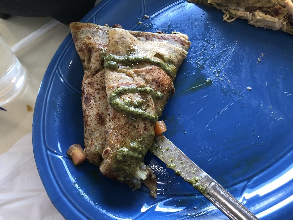 Chicken Pesto crepe cut in half to share. Delicious but could've used more salt and a side