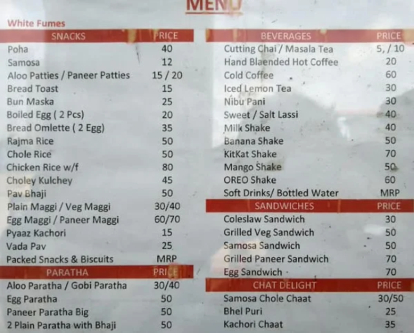 White Fumes menu 