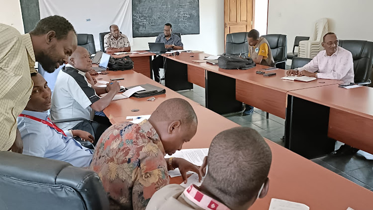 Garissa county commissioner Baoz Cherutich chairing the county drought steering emergency committee on Monday, March 14.