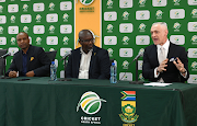 Pholetsi Moseki, Errol Madlala of CSA and Michael Yormark of Roc Nation during the CSA big reveal press conference at CSA head office on June 9 in Johannesburg.