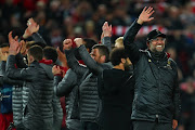 Jurgen Klopp, manager / head coach of Liverpool, celebrates at full time during the UEFA Champions League Semi Final second leg match between Liverpool and Barcelona at Anfield on May 7, 2019 in Liverpool, England. 