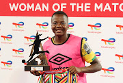 Banyana Banyana's Thembi Kgatlana with her Woman of the Match award after the 2022 Women's Africa Cup of Nations match against Botswana at Stade Prince Moulay Abdellah in Rabat, Morocco on July 10 2022.