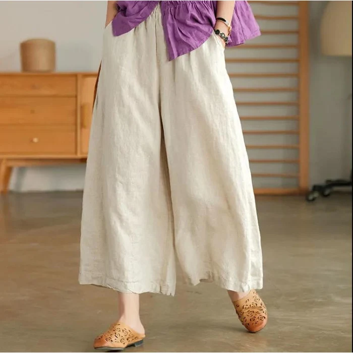 Leichte Baumwoll-Leinen-Hose, cropped, weit geschnitten, atmungsaktiv, gerader Schnitt, Slim Fit, Casual für Komfort.