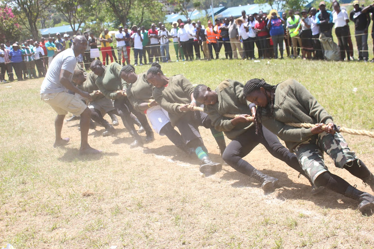 Kisii County's tug of war team in action against West Pokot. Kisii won 3-0