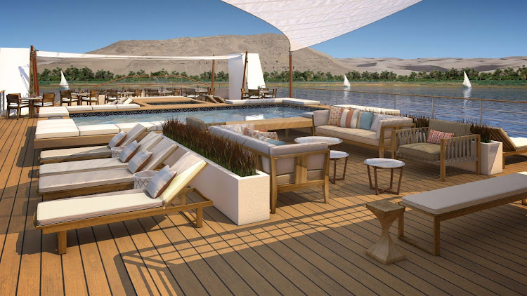 A look at the sun deck on Viking Ra, the river ship that can glide by thousand-year-old temples, villages and stunning landscapes in the course of an afternoon.