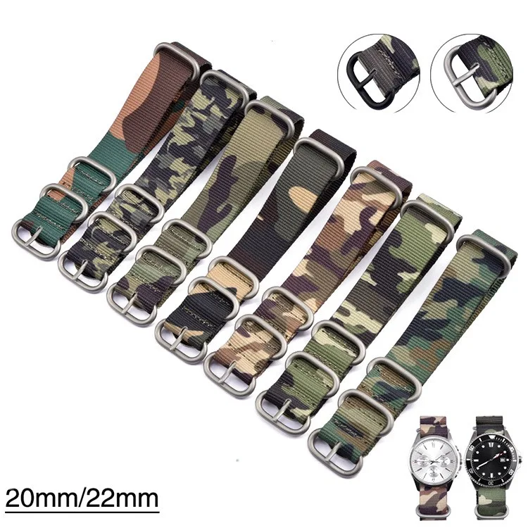 Pulseira de relógio de nylon camuflado com anel de aço premium, 20mm 22mm, integrada. Conforto, estilo e durabilidade para seu pulso.