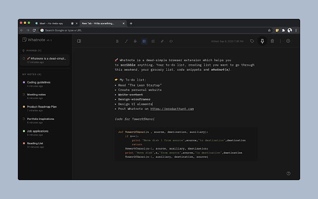 Whatnote - New tab, new note chrome extension