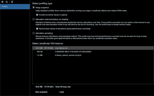 Select snapshot JavaScript nodes. ‘Allocation timelines instrumented JavaScript allocations overtime. recorded recording. overhead) sampling allocations sampling performance overhead running provides approximation JavaScript execution snapshot 