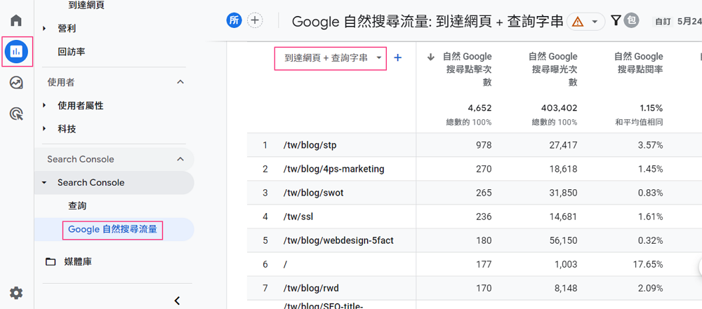 時段比較後的Google搜尋查詢介面