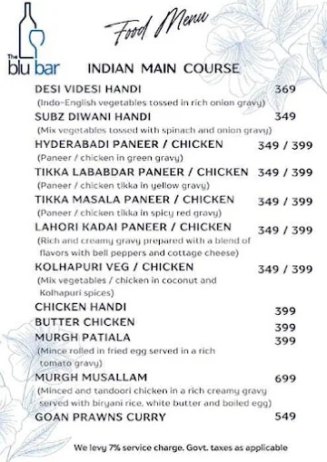 The Blu Bar menu 