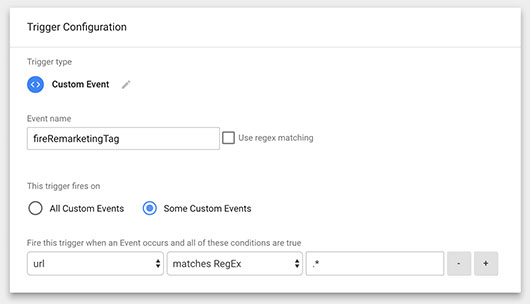Add new custom event trigger where event equals fireRemarketingTag on every page