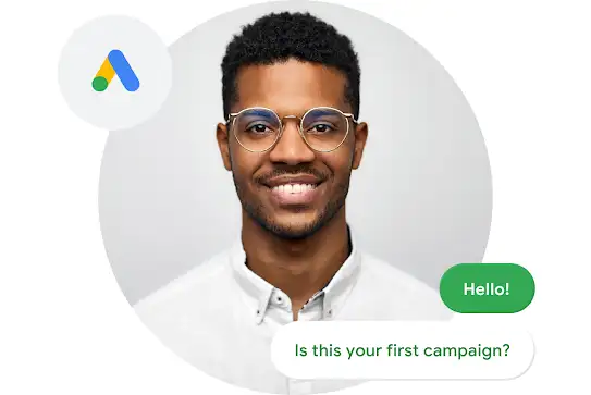 A friendly Google Ads expert smiles at the camera, surrounded by chat boxes.