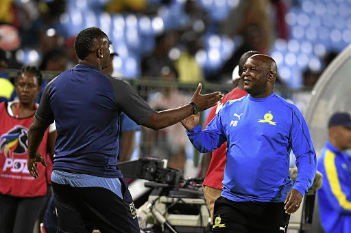 Cape Town City coach Benni McCarthy, left, says Sundowns coach Pitso Mosimane, is the favourite to lift the PSL trophy. / Gallo Images/ Lefty Shivambu