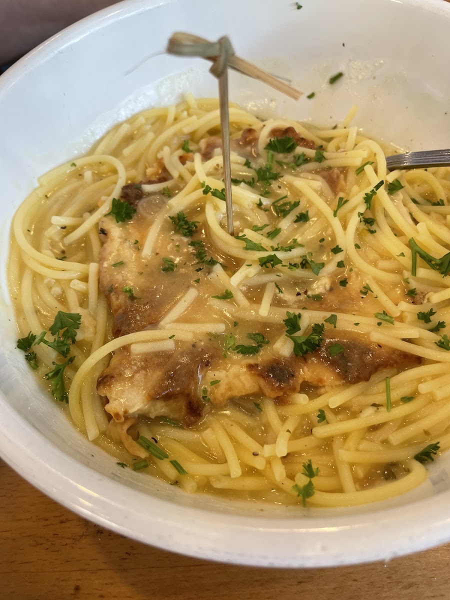 Chicken français with gluten-free spaghetti. The sauce was so flavorful very very good.