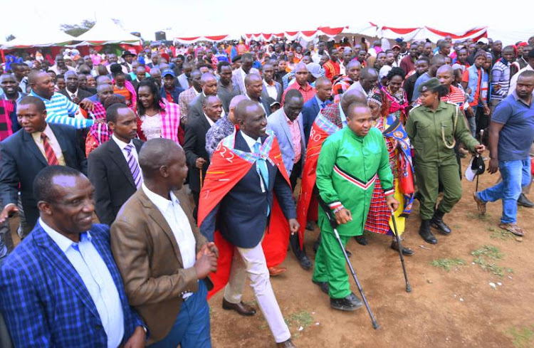 Deputy President William Ruto with Governer Samuel Ole Tunai (Narok) and other leaders during the thanksgiving ceremony for nominated MP David Sankok in Ewaso Ngiro, Narok County on November 29, 2019.