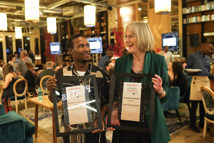 Winners of the Sunday Times Literary Awards are Tshidiso Moletsane, left, who won for fiction, and Mignonne Breier, who won for non-fiction.