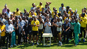 Kaizer Chiefs players, staff and technical team celebrate club owner Kaizer Motaung's 75th birthday at their training base in Naturena in the south of Johannesburg on Wednesday October 16 2019. 