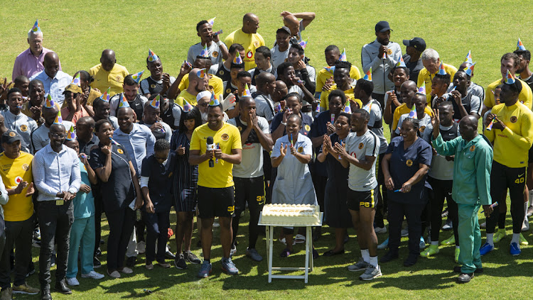 Kaizer Chiefs players, staff and technical team celebrate club owner Kaizer Motaung's 75th birthday at their training base in Naturena in the south of Johannesburg on Wednesday October 16 2019.