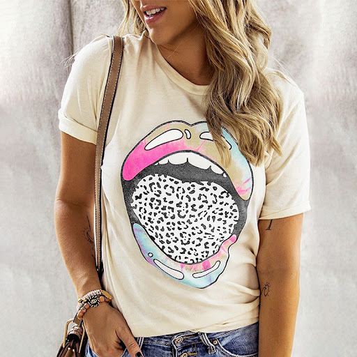 Title 3, Round Neck Pullover Loose Print Short Sleeve Top