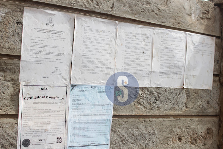 Certifications pasted on the wall of the construction site of the 13 storey building along Mbaazi Avenue in Lavington, Nairobi. October 26, 2023.