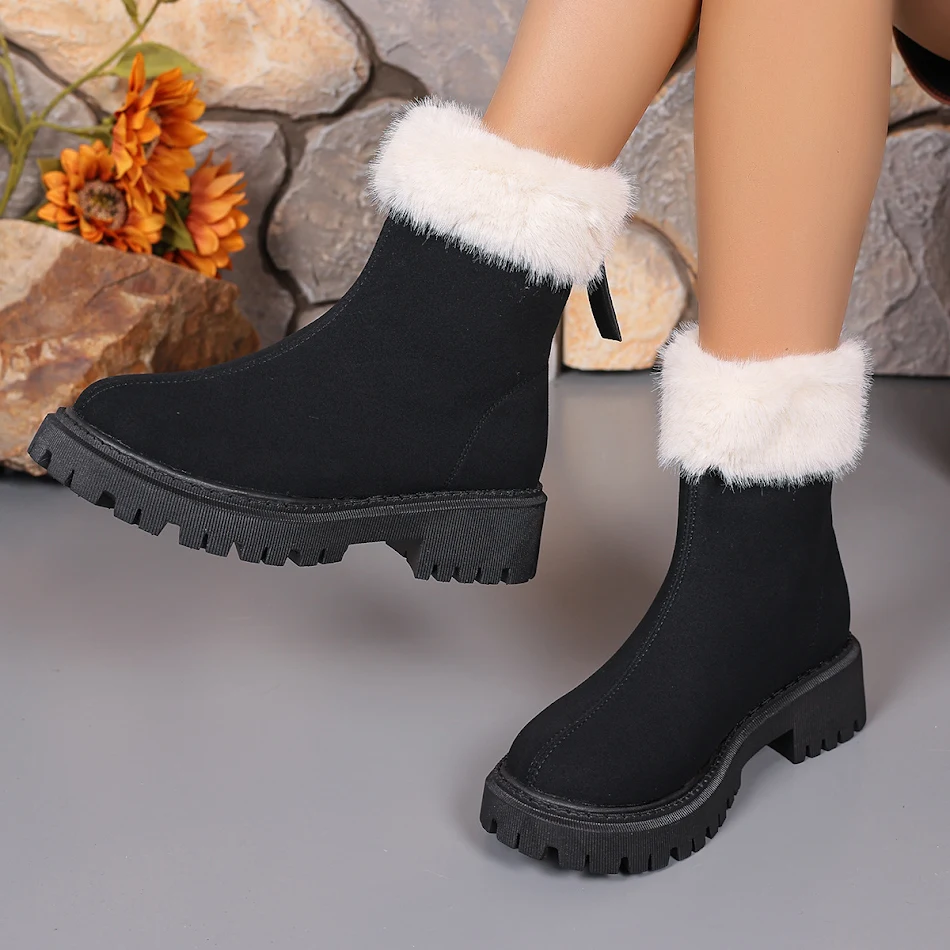 Bottines de neige à talon carré d'hiver pour femme, plateforme en velours, chaudes, antidérapantes, mi-mollet, chaussures d'hiver tendance et confortables.