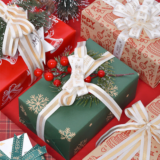 Title 6, Christmas gift packaging with decorative bow ti...