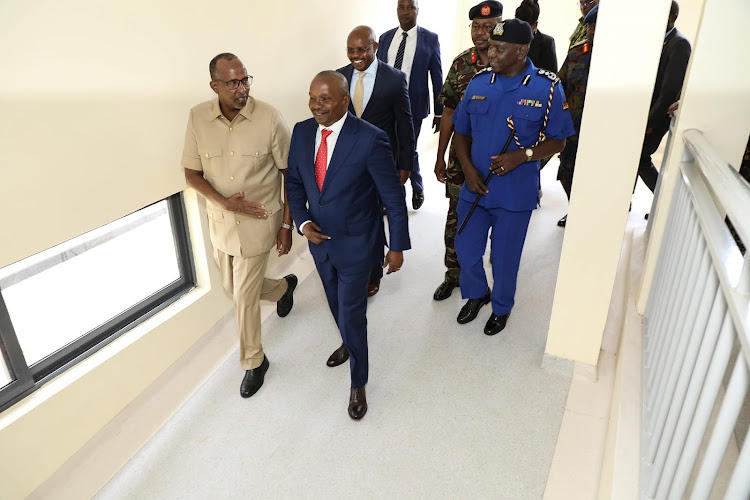 Defence CS Aden Duale and Interior CS Kithure KIndiki during touring the hospital during the handover of the National Police Service Level 4 Hospital along Mbagathi Way on May 17, 2024.