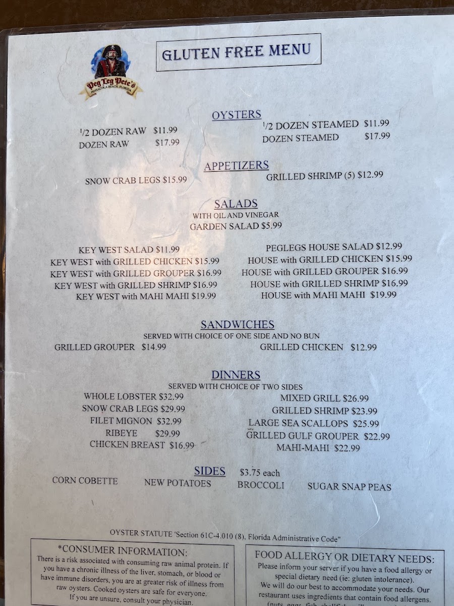 Peg Leg Pete's gluten-free menu