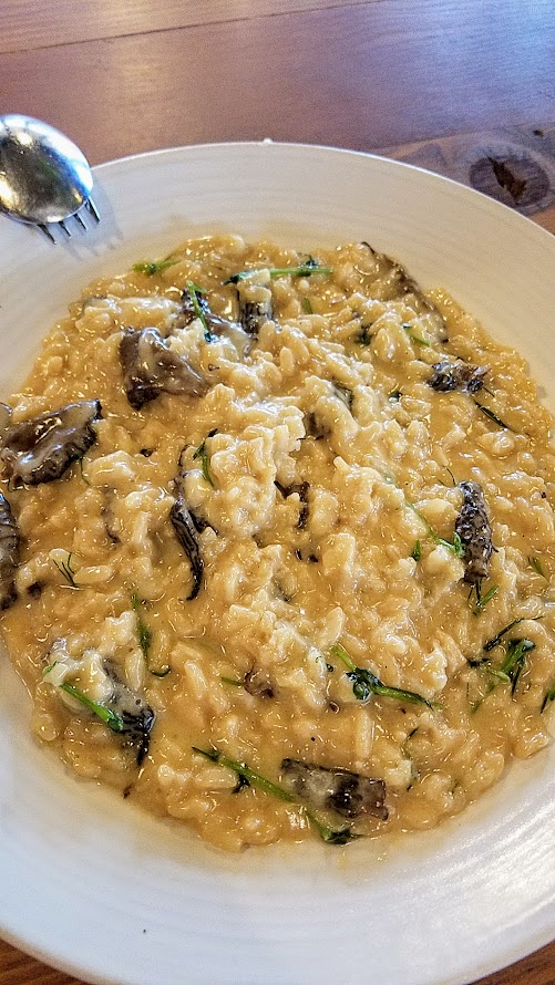 Recently, on Thursdays at Renata they have been offering a special risotto a la minute which is finished in a parmesan cheese wheel in the middle of the room before being brought to your table. On our visit the risotto in a cheese wheel was one with morels, pea tendrils, Parmigiano-Reggiano - by default it used a meat stock but could be made vegetarian by request.