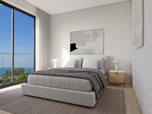 Modern bedroom with sea view and glass balcony - Buy this luxury apartment / penthouse in Limassol, 2 bedrooms