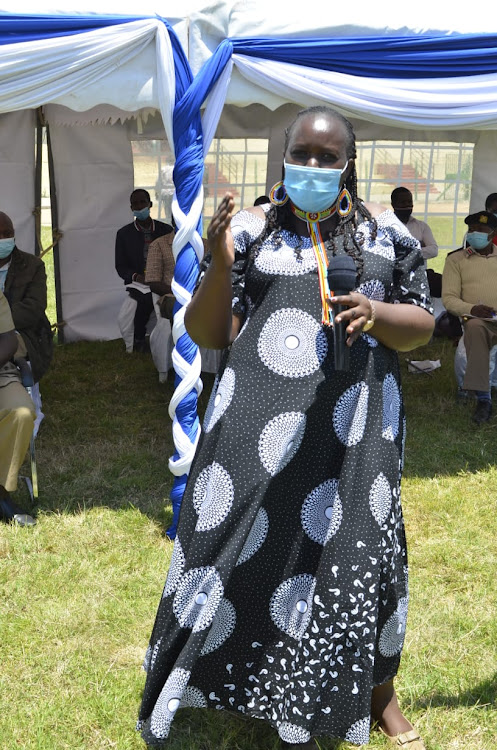 Anti-FGM board CEO Bernadette Loloju during a meeting with chiefs and their assistants at Narok Stadium on Friday, September 18.