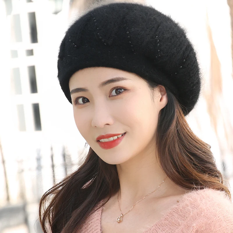 Chapeau en laine et fourrure de lapin tendance pour femmes