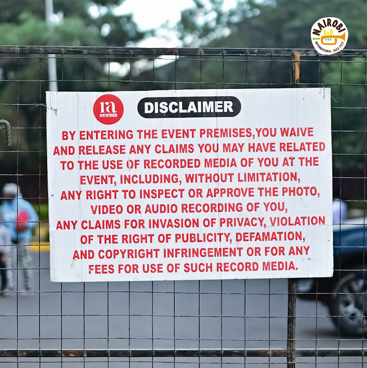 A disclaimer on rights to take images of those present during the Nairobi International Jazz Festival at the Bomas of Kenya on October 28, 2023.
