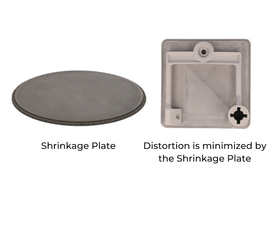 Using a shrinkage plate during the D&S process helps minimize part distortion.