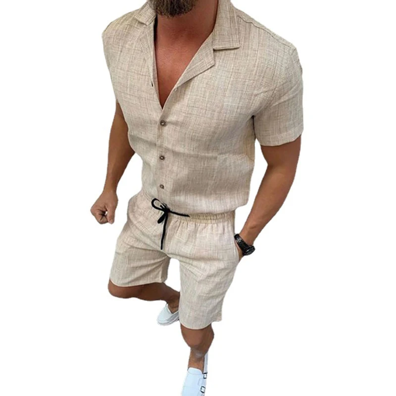 Sommer Herren Anzug aus Baumwolle und Leinen, kurzärmliges Hemd und Shorts, ideal für einen lässigen und leichten Look.